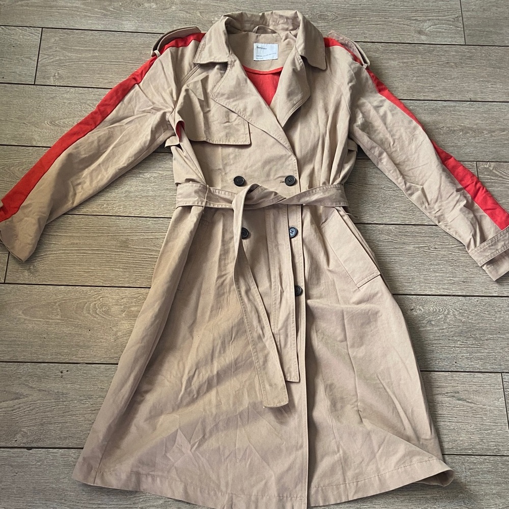 Bershka Beige Trench Coat with Red Stripe Detail